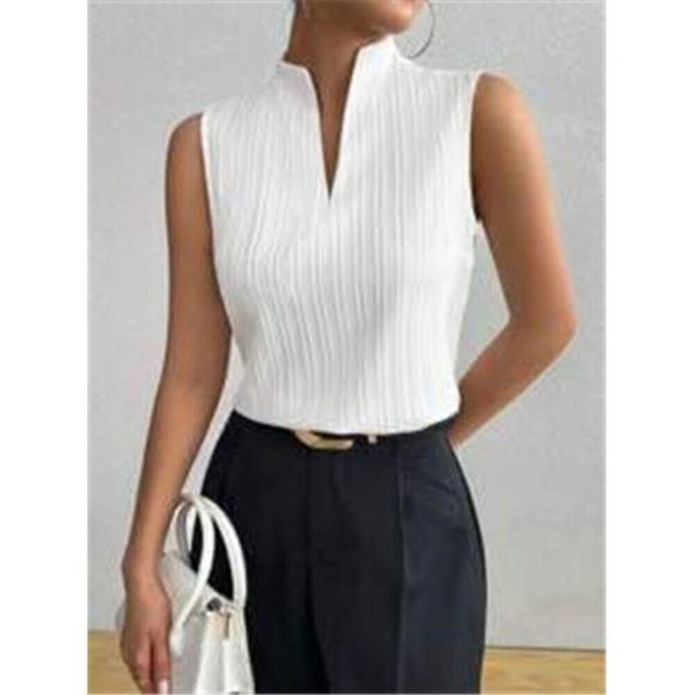 Women's Deep V Neck Sleeveless Work White Tops Ta Tops Blouses Business Casual - Picture 6 of 7